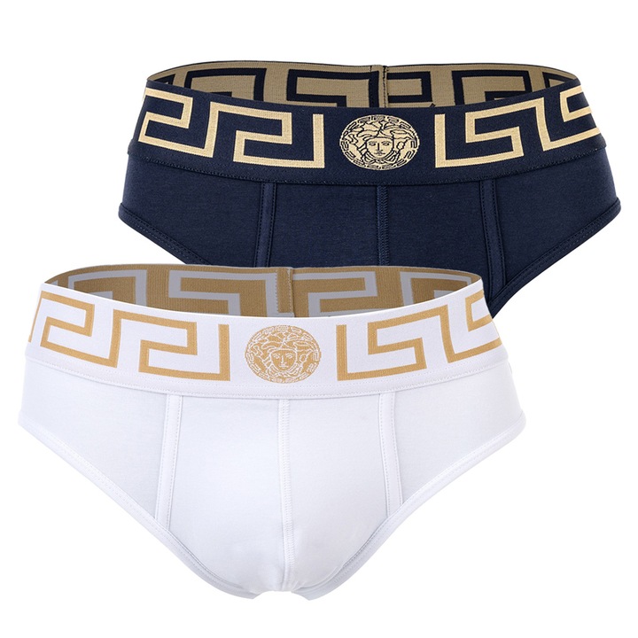 Versace, Set de chiloti cu banda logo - 2 perechi, Alb/Albastru inchis