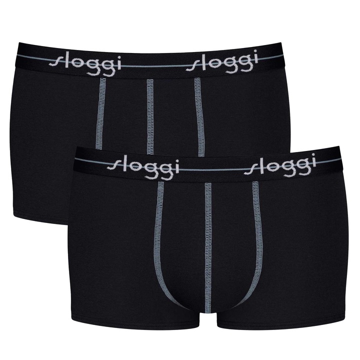 Sloggi, Set de boxeri cu banda logo in talie - 2 perechi, Negru