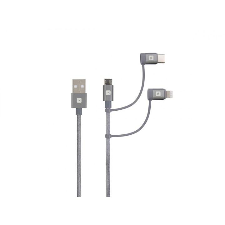 Кабел Skross 3 в 1, USB-A - USB-C/ Lightning/ Micro USB, Метална оплетка, 1.2 м