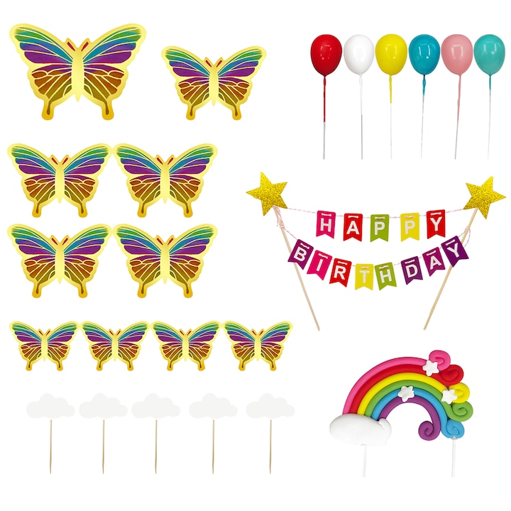 Set 23 decoratiune topper tort, AllizBan, Happy Birthday, Fluture, Multicolor