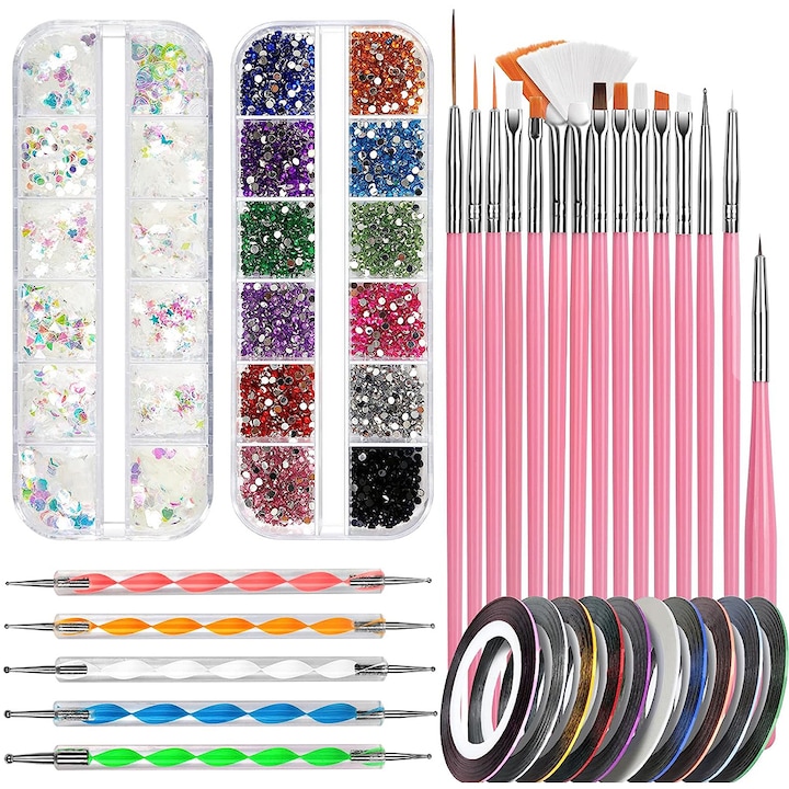 Set 32 de instrumente pentru manichiura, AllizBan, Pentru decorarea unghiilor, cu pensule pentru unghii cu gel, strasuri - roz