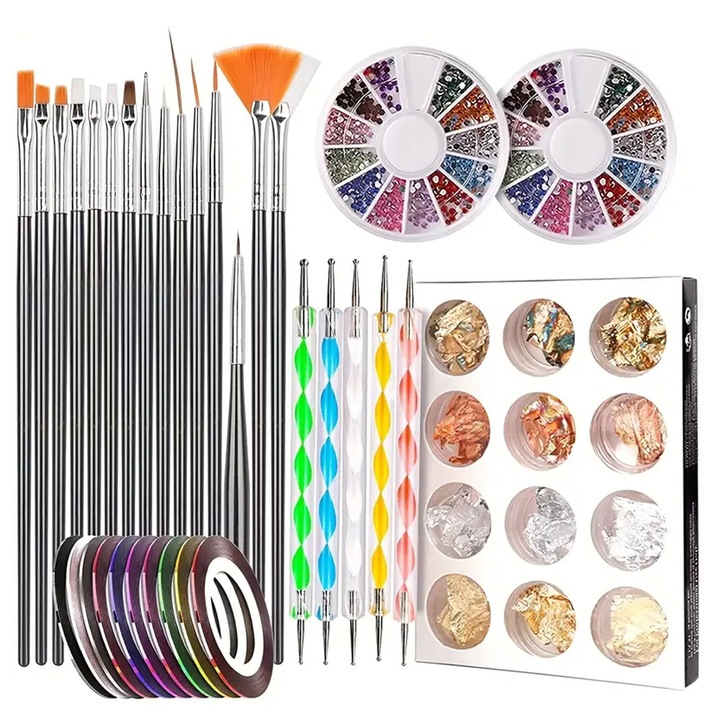 Set 33 de instrumente pentru manichiura, AllizBan, Pentru decorarea unghiilor, cu pensule pentru unghii cu gel, strasuri, 1 hartie aurie - Negru