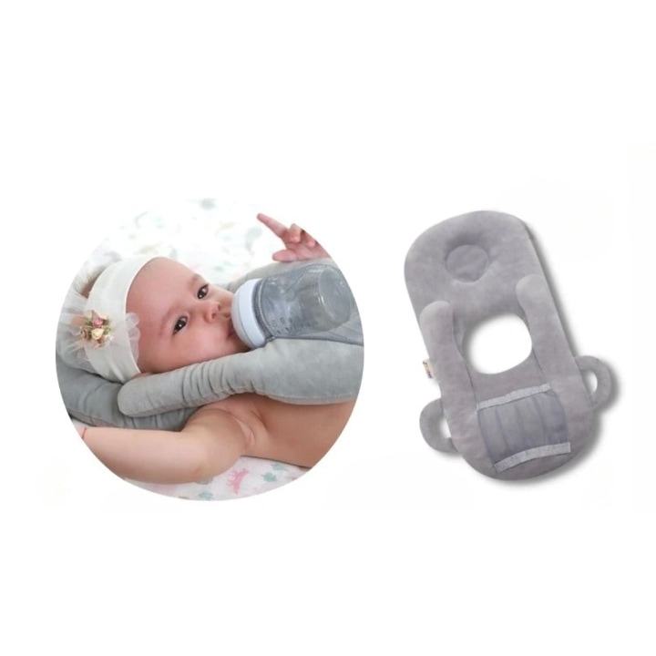 Hordozható szoptatós párna babáknak kivehető kulacstartóval, ANTADESIM, bársonyból, 27 x 45 x 5 cm, Szürke
