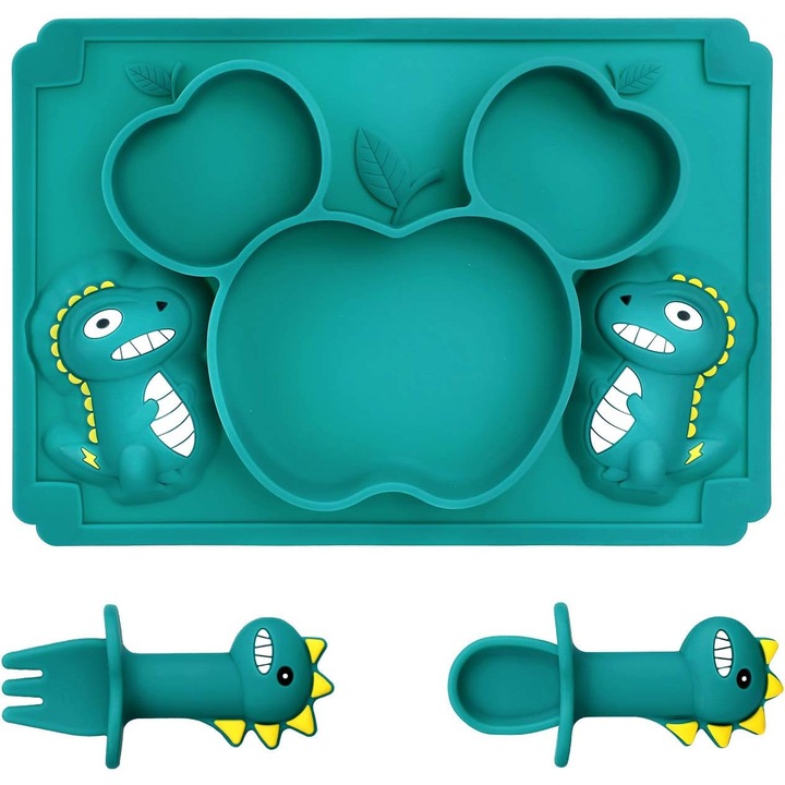 Tányér szett tapadókoronggal és evőeszközökkel babáknak QttvbTna, szilikon, kék