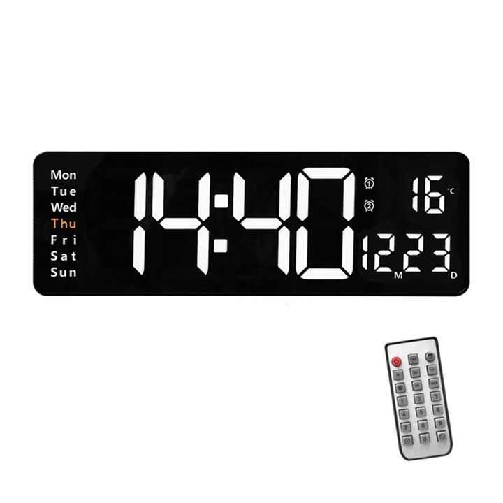 Цифров стенен часовник, LEOKOR®, с дистанционно управление, функция термометър, календар, таймер, двойна аларма, захранване от кабел/батерия, регулируема яркост, черен, бял светодиод