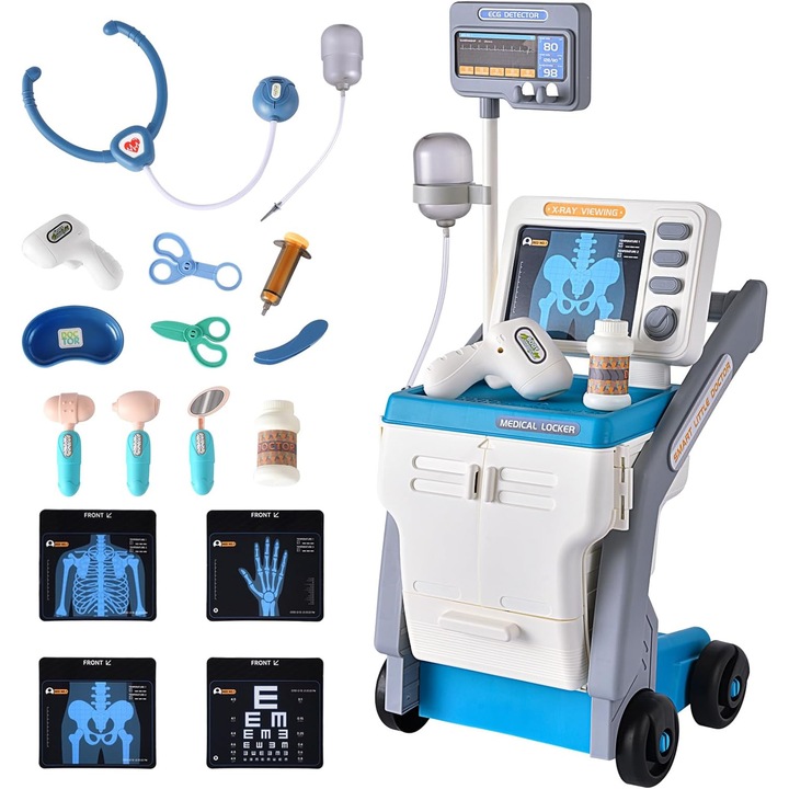 Set de Joaca pentru Copii ISP "Likesmart Medical Cart", 15 piese, stetoscop, termometru, seringa, ciocanel, radiografii, 57 cm, Albastru