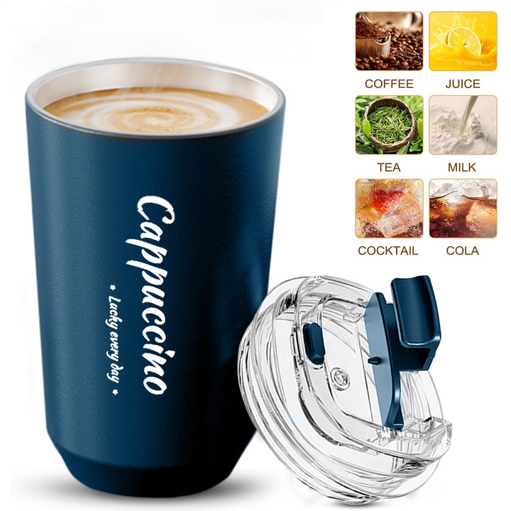 Cana Termica SDLOGAL, 380ml, Inox, Sigiliu de scurgere dovada, Handy transporta, Albastru