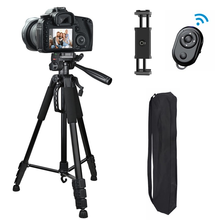Телескопичен фото статив, SDLOGAL, с Bluetooth дистанционно управление, регулируем H55-180cm, универсален, алуминий, за телефон/камера/GoPro, черен