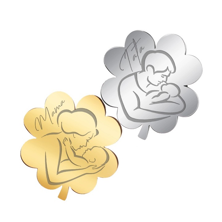 Set 2 Martisoare Brose Trifoi Inox Auriu Argintiu Mama Tata