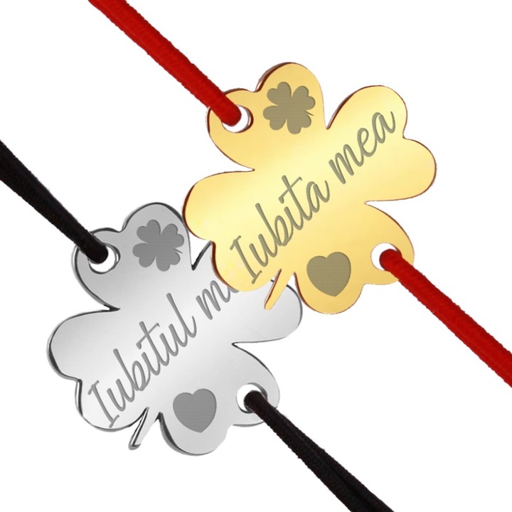 Set 2 martisoare bratari inox trifoi argintiu si auriu Iubit Iubita