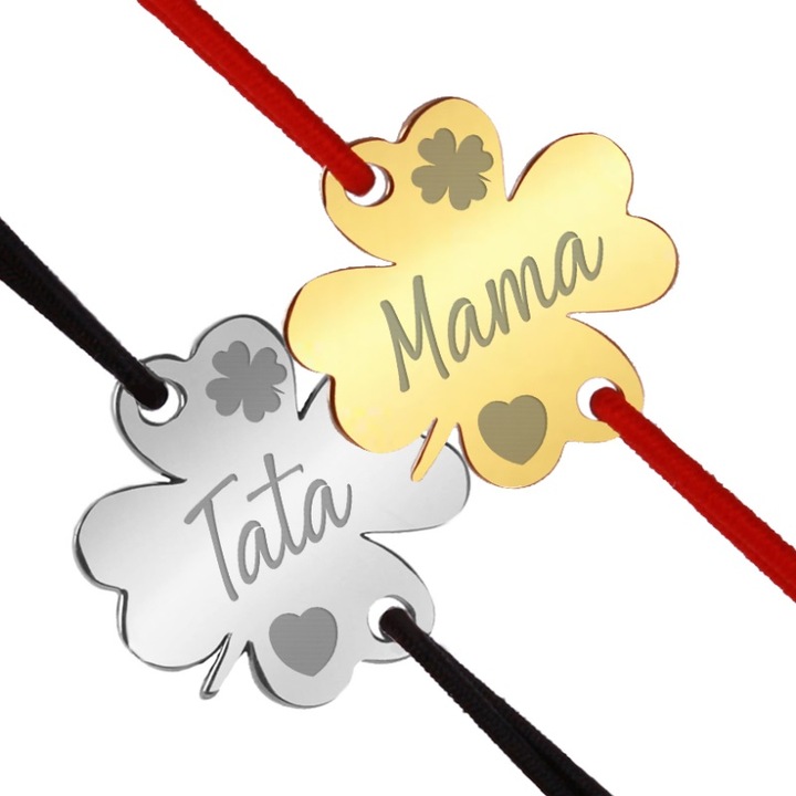 Set 2 martisoare bratari inox trifoi argintiu si auriu Mama Tata