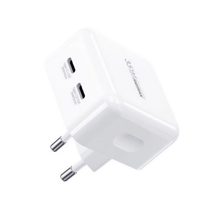 Remax fiyeo hálózati töltő 2 type-c aljzat, 35w, pd gyorstöltő, fehér