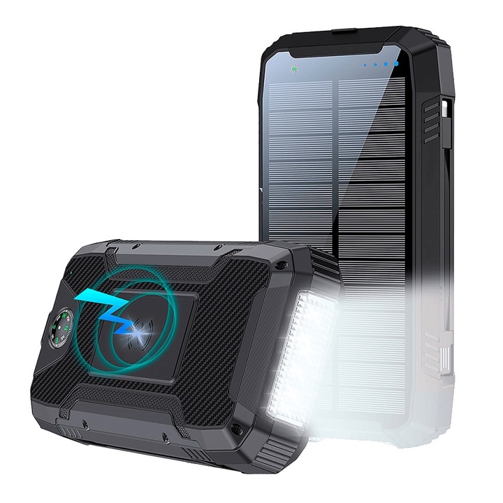 Външна соларна батерия 20000 mAh, 4 USB порта, 2 вградени кабела, PowerBank, водоустойчива, с компас и фенерче, Черен