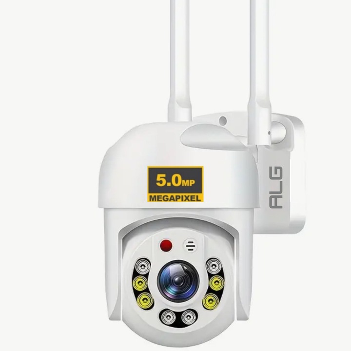 Camera de Supraveghere WIFI ALG™ 5MP + Card 32 GB + Sticker, Aplicatie YCC365 Plus, Senzor Miscare, Microfon, Urmarire Miscare,2 Antene, Rezista la Ploaie si Inghet, Alb