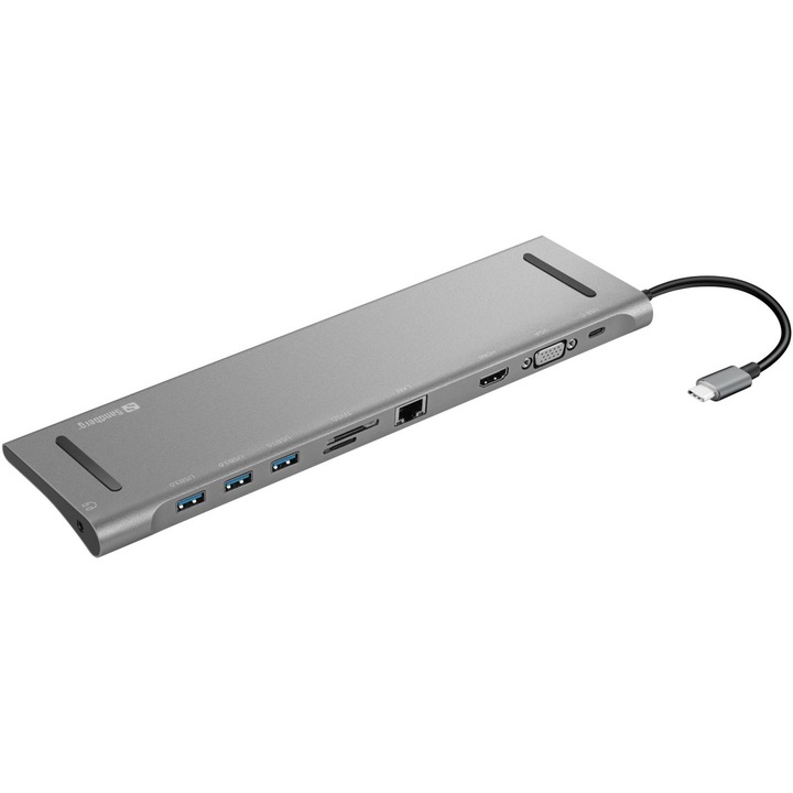 Statie de andocare 10-in-1, Sandberg, Aluminiu, USB-C, 192 KHz / 24bit, 27.5 x 7.3 x 2.1 cm, Argintiu