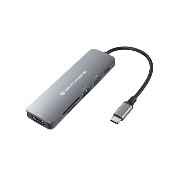 USB-C адаптер HUB, Conceptronic, 6 в 1, 3x USB, 2x слот за карта, 1x HDMI, универсален, сив
