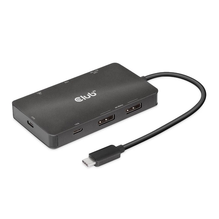 HUB адаптер, Club3D, USB Gen2 Type-C, Dual DisplayPort, 7-в-1, 105x59x14 мм, черен