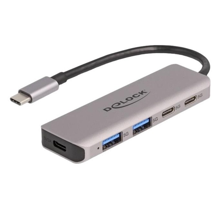 Хъб с USB Type-C конектор, DeLock, 2x USB Type-C, 2x Type-A, 5 Gbps, сребрист