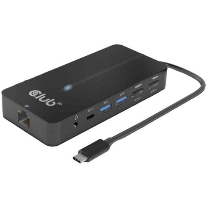 Хъб USB Gen1 Type-C, Club3D, 7-в-1, 3x USB, 2x HDMI, 1x Gigabit Enthernet, 14x6.5x1.9cm, черен