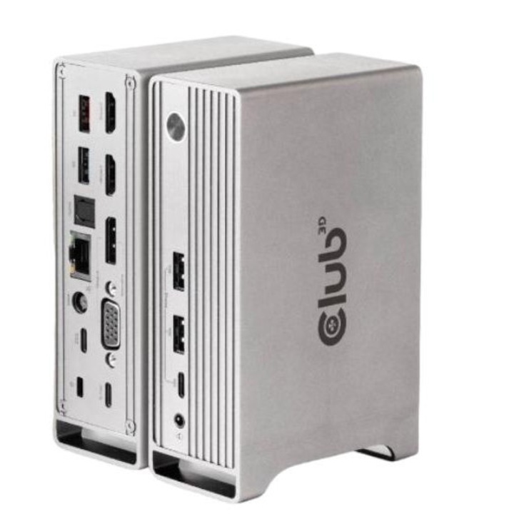 Докинг станция, Club3D, USB Gen 2 Type-C, PD 120 W, 2x USB Type-C, 4x USB, DisplayPort/VGA, 2x HDMI, 1x Gigsbit Enthernet, Сребрист
