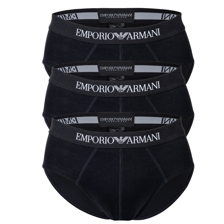 Emporio Armani, Set de chiloti cu banda logo in talie - 3 perechi, Negru, S