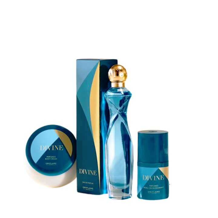 Set de trei Divine: apa de parfum 50 ml, crema de corp 250 ml, deodorant roll-on 50 ml si sacosa cadou