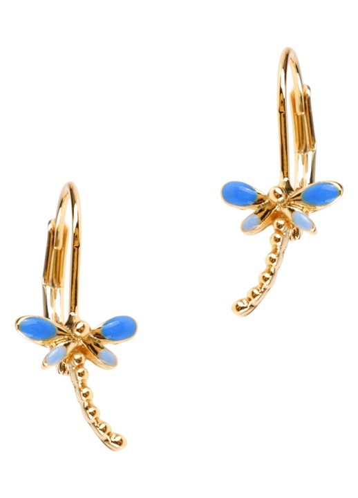 Cercei cu libelula albastra placati cu argint, Colibra, Auriu