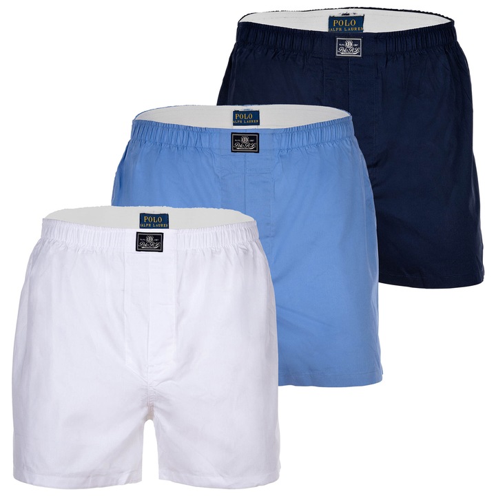 Polo Ralph Lauren, Set de boxeri de bumbac cu talie medie - 3 perechi, Alb/Albastru/Bleumarin, L