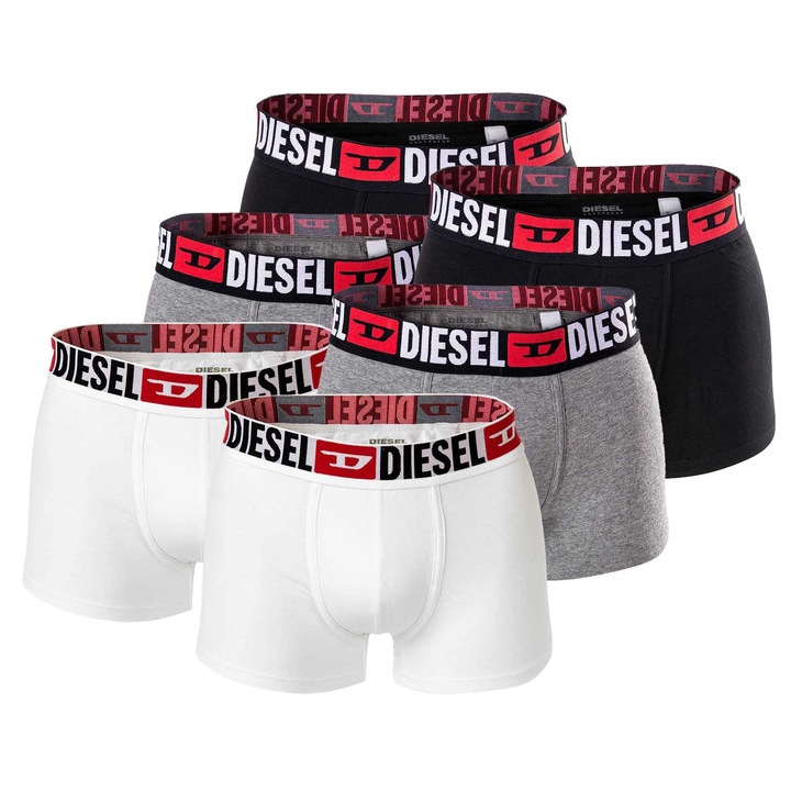 Diesel, Set de boxeri din amestec de bumbac cu banda logo in talie - 6 perechi, Alb/Negru/Gri