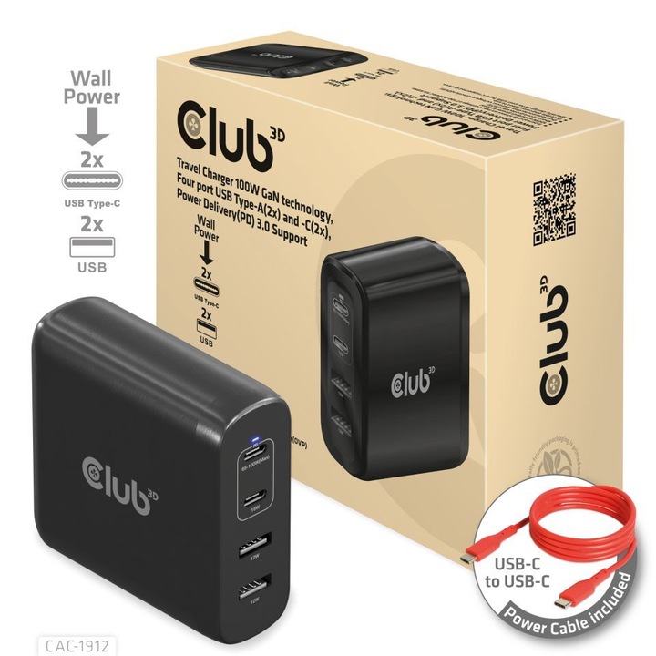 Club3D Travel Charger 100W GaN technology, Four port USB Type-A(2x) and -C(2x), Power Delivery(PD) 3.0 Support, 222208, Töltő