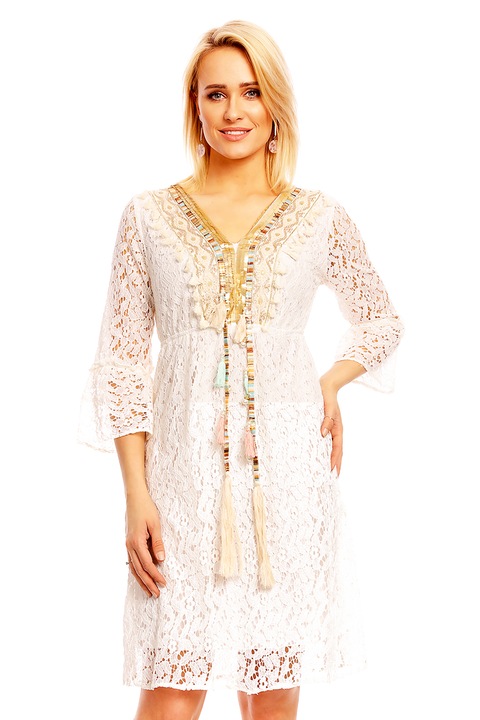 Rochie din dantela cu decolteu barcuta, Alb