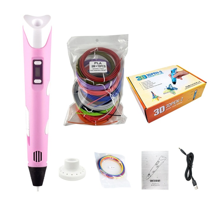 Промоционален пакет: комплект 3D молив, LCD дисплей, висока температура, рисуване, 10 влакна с 10 цвята, графити, розов + 3D комплект влакна в молив, PCL, 1,75 mm, 50 m, пластмаса, 70-100 ℃, многоцветен