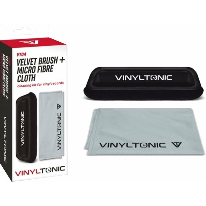 Set laveta si perie curatare vinil, Vinyl Tonic, Catifea/Microfibra, Negru/Gri