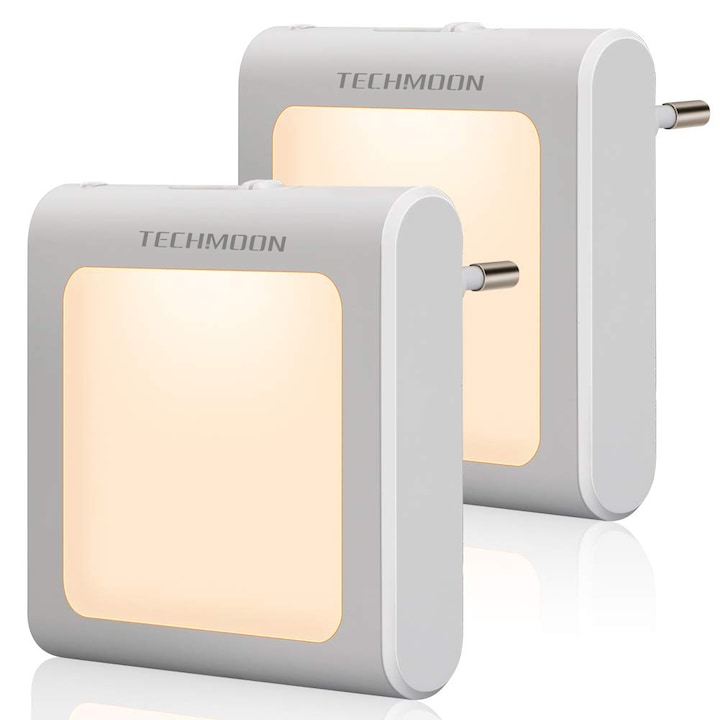 Set 2 Lampa de veghe LED, Techmoon®, Cu senzor de crepuscul, Luminozitate reglabila, Alb cald