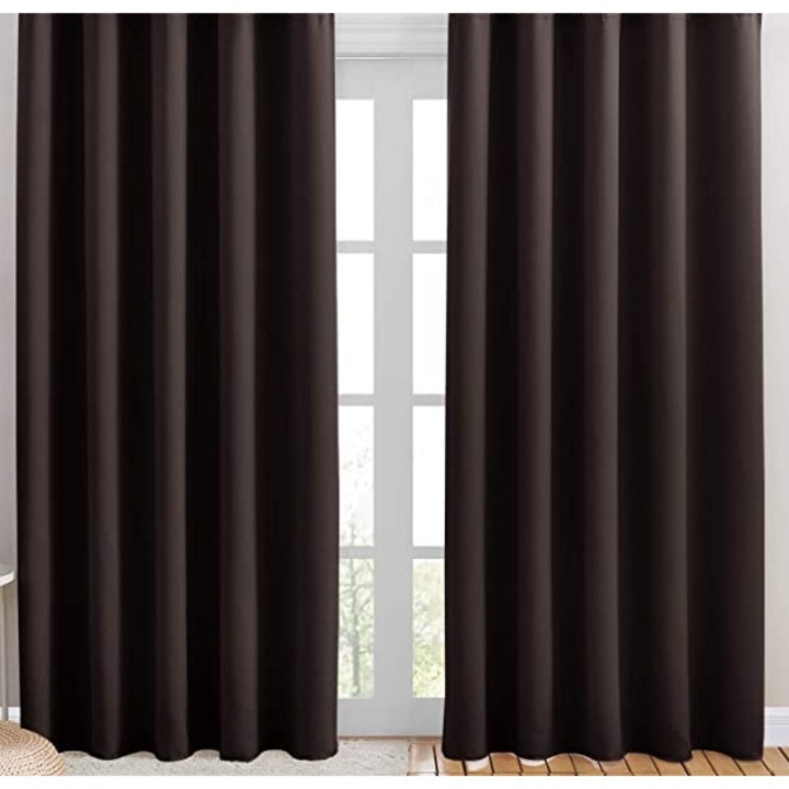 Set 2 bucati draperie SereDesign material tip Blackout culoare Maro Wenge, croita cu rejansa pentru sina sau galerie, carlige sina, 2 x L 200 cm x H 245 cm