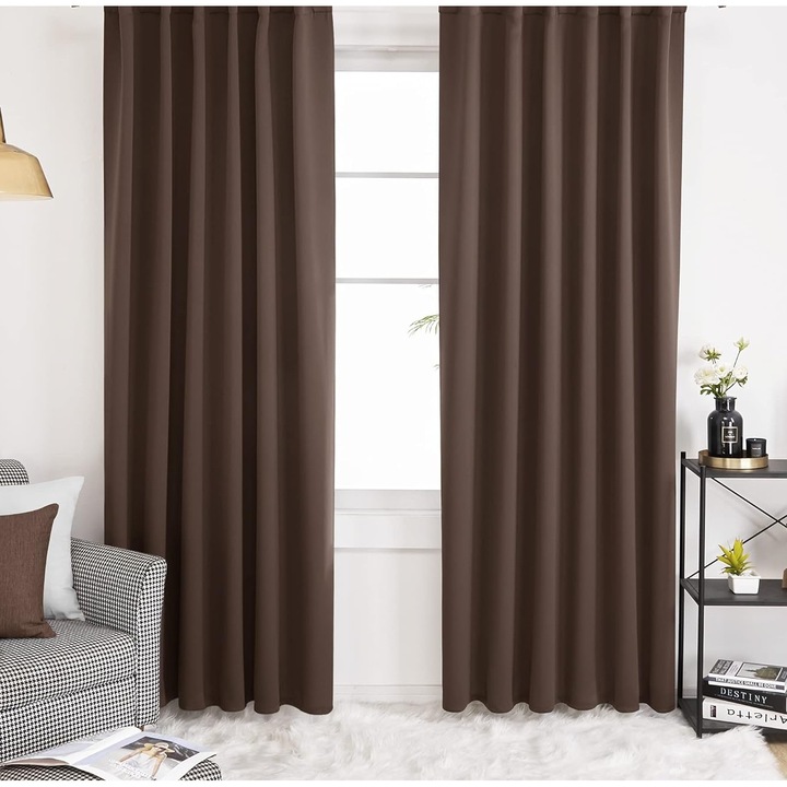 Set 2 bucati draperie SereDesign material tip Blackout culoare Maro, croita cu rejansa pentru sina sau galerie, carlige sina, 2 x L 200 cm x H 245 cm