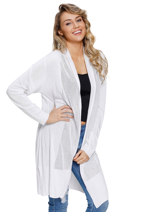 Cardigan lung casual cu maneci lungi si insertii din plasa M, Alb