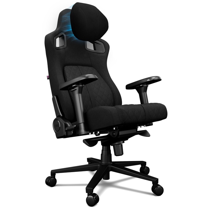 Scaun de gaming si birou - YUMISU 2055 Magnetic - Negru Textil, Insertii in Alcantara, sustine 180 kg, Perne magnetice, Optiune de balansare, perna lombara mobila, Perna pentru tetiera, Reglare cotiera, Inclinabila la 165°, Calitate premium