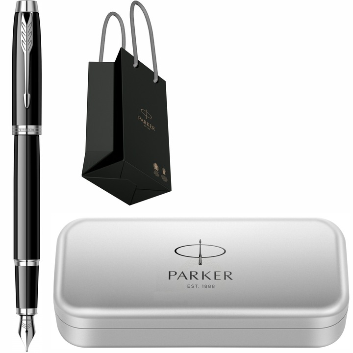 Stilou Parker IM Royal Black Lacquer CT cu gravura laser inclusa, in cutie din metal si punga Parker