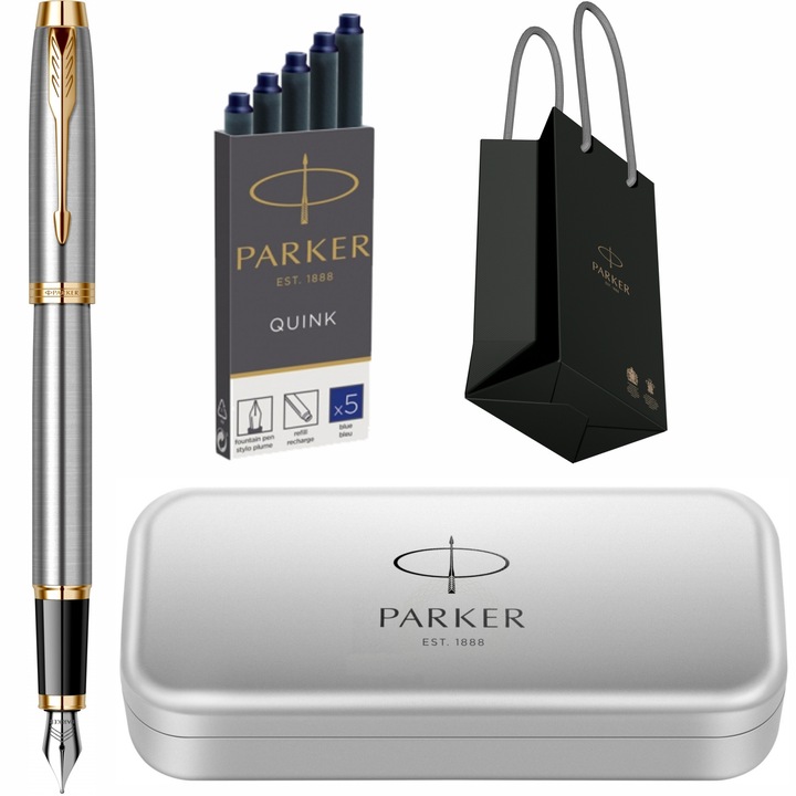 Stilou Parker IM Royal Brushed Metal GT cu gravura laser inclusa, cartuse lungi Parker Quink 5 buc, cutie din metal si punga