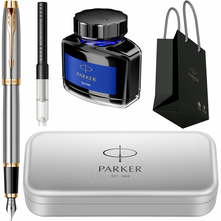 Stilou Parker IM Royal Brushed Metal GT cu gravura laser inclusa, cu convertor, calimara cerneala, cutie din metal si punga