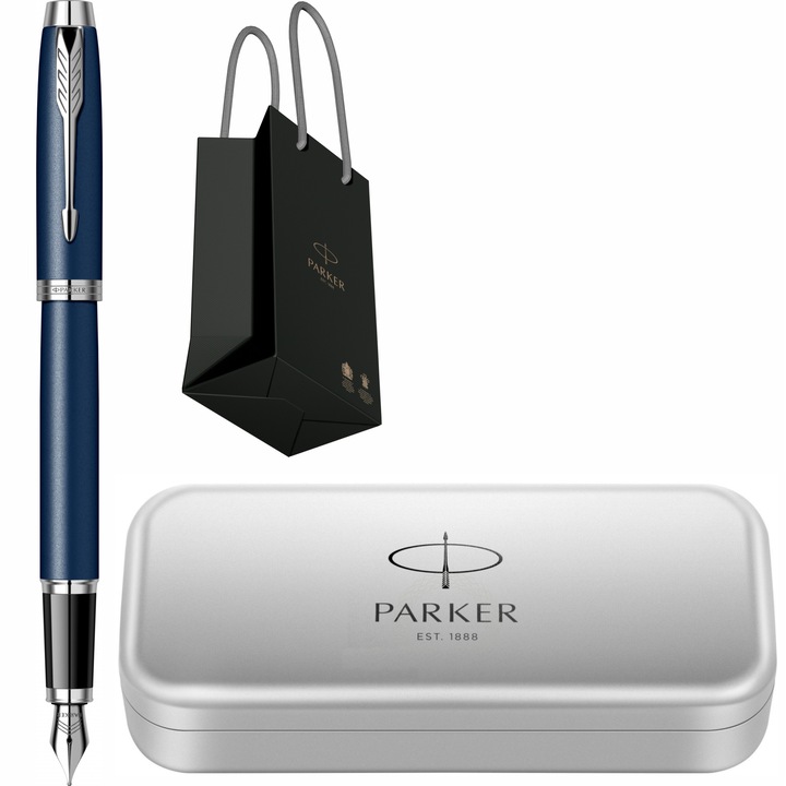 Stilou Parker IM Royal Matte Blue CT cu gravura laser inclusa, in cutie din metal si punga Parker