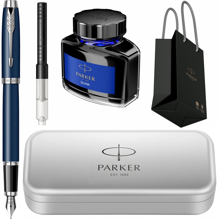Stilou Parker IM Royal Matte Blue CT cu gravura laser inclusa, cu convertor, calimara cerneala, cutie din metal si punga