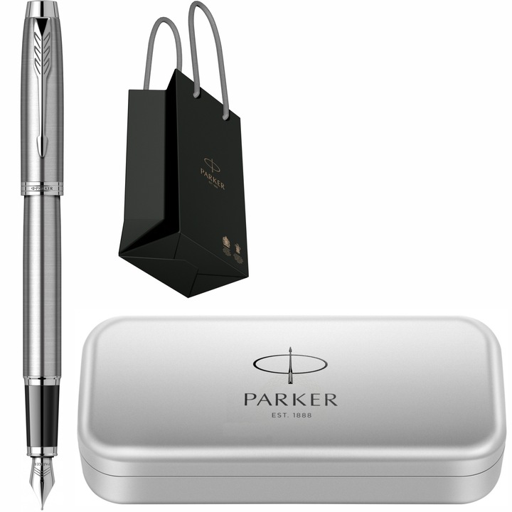 Stilou Parker IM Royal Essential Stainless Steel CT cu gravura, in cutie din metal si punga Parker