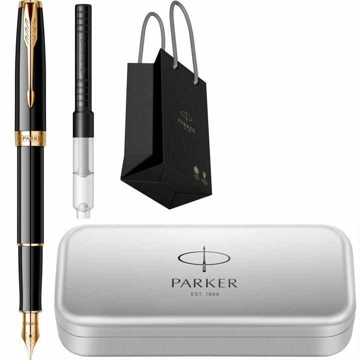 Stilou Parker Sonney Royal Black GT cu gravura, convertor montat, cutie din metal si punga Parker