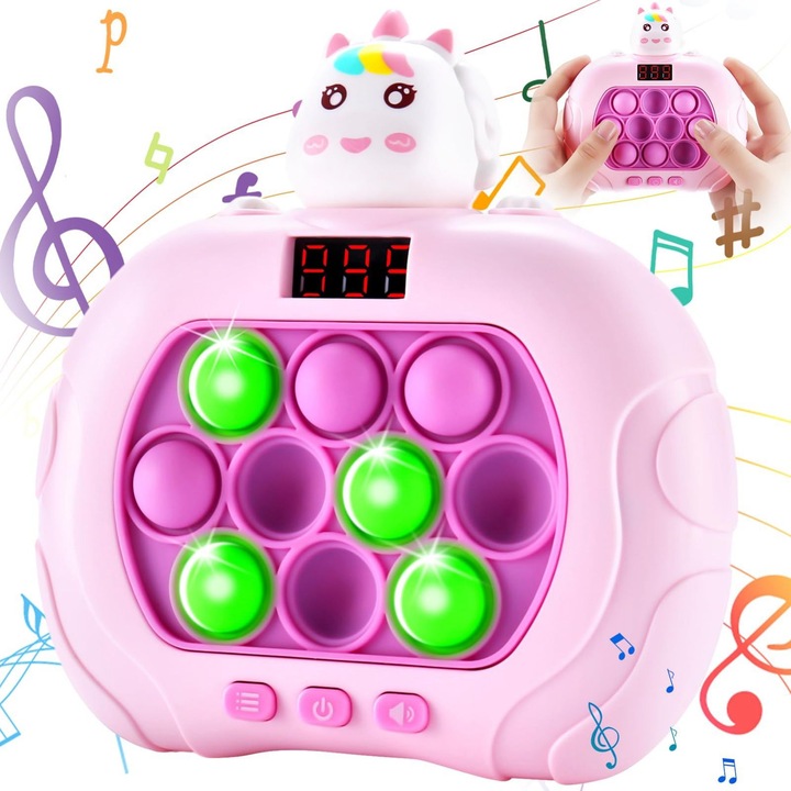 Jucarie Pop It Electronica cu Display Miraza, 999+ de Nivele Diferite, Model Unicorn, Antistres, Senzoriala, Ajuta Memoria si Indemanarea, Modul Jucatori Multiplii, Lumini si Sunet, 12.5 x 13 cm, Roz