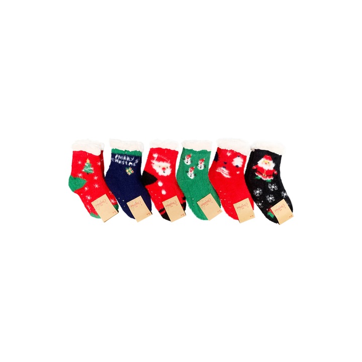 Детски чорапи с коледни мотиви с косъм от норка, пухкави дълги, неплъзгащи се, многоцветни, 28-31 EU, 6 чифта