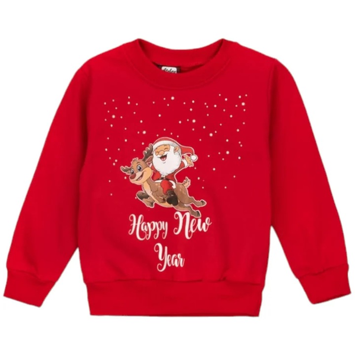 Bluza cu tematica HAPPY NEW YEAR pentru copii, ERAKIDS, imprimeu "Mos Craciun", bumbac, Rosu
