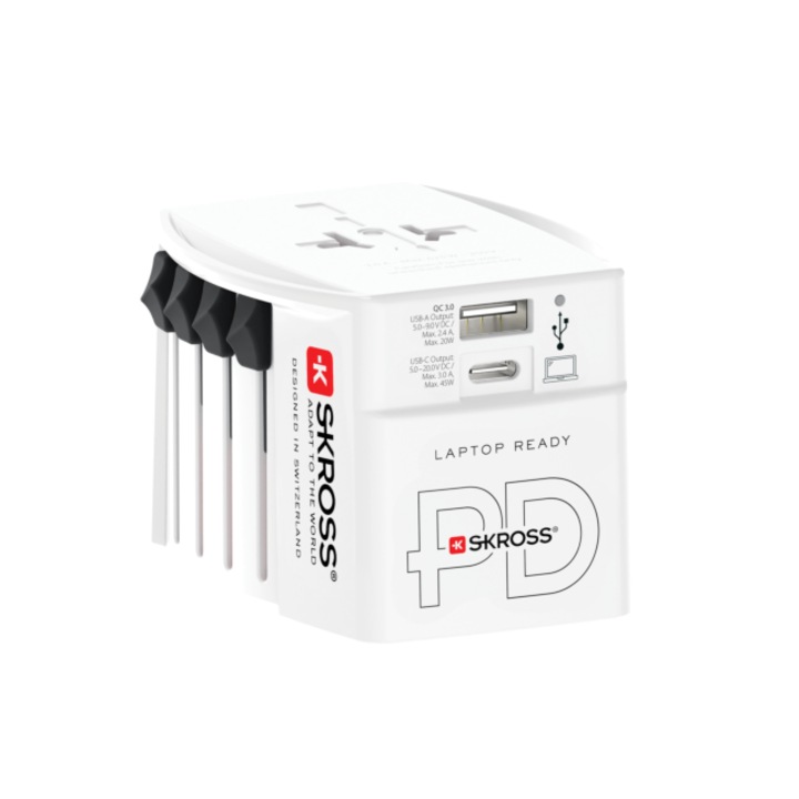 Adaptor de calatorie SKROSS AC45PD, USB-A, USB-C, 1.302975, Alb