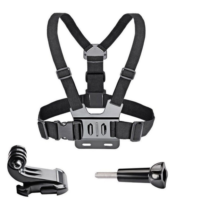 Sistem de prindere pe piept Harness pentru camere video sport, Ajustabil, Negru